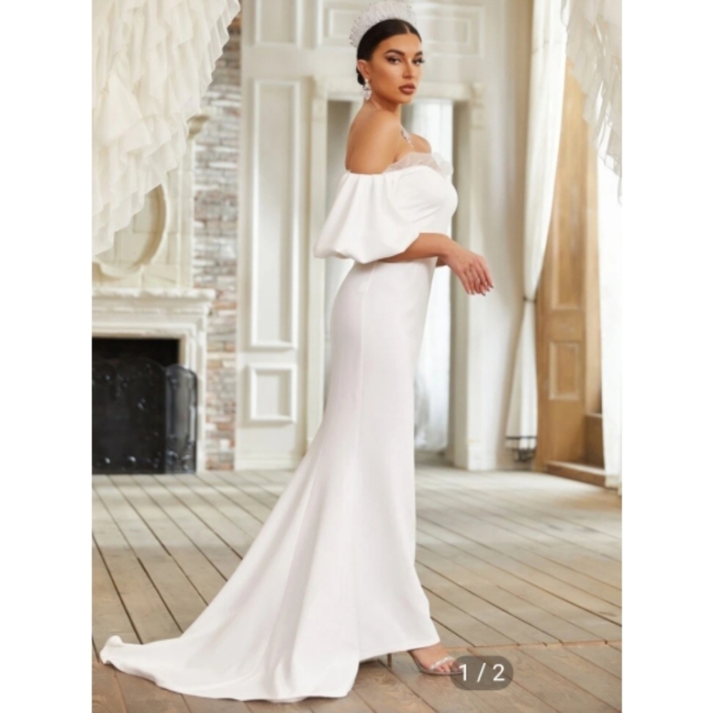 NEW Off Shoulder Contrast Mesh Mermaid Hem White Puff Sleeve Wedding Dre… - Picture 4 of 17